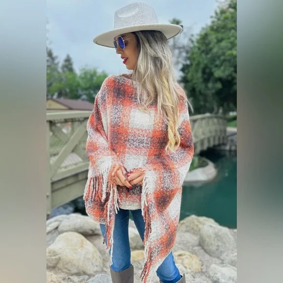 Plaid Orange and Cream Poncho - Picture 2 of 4